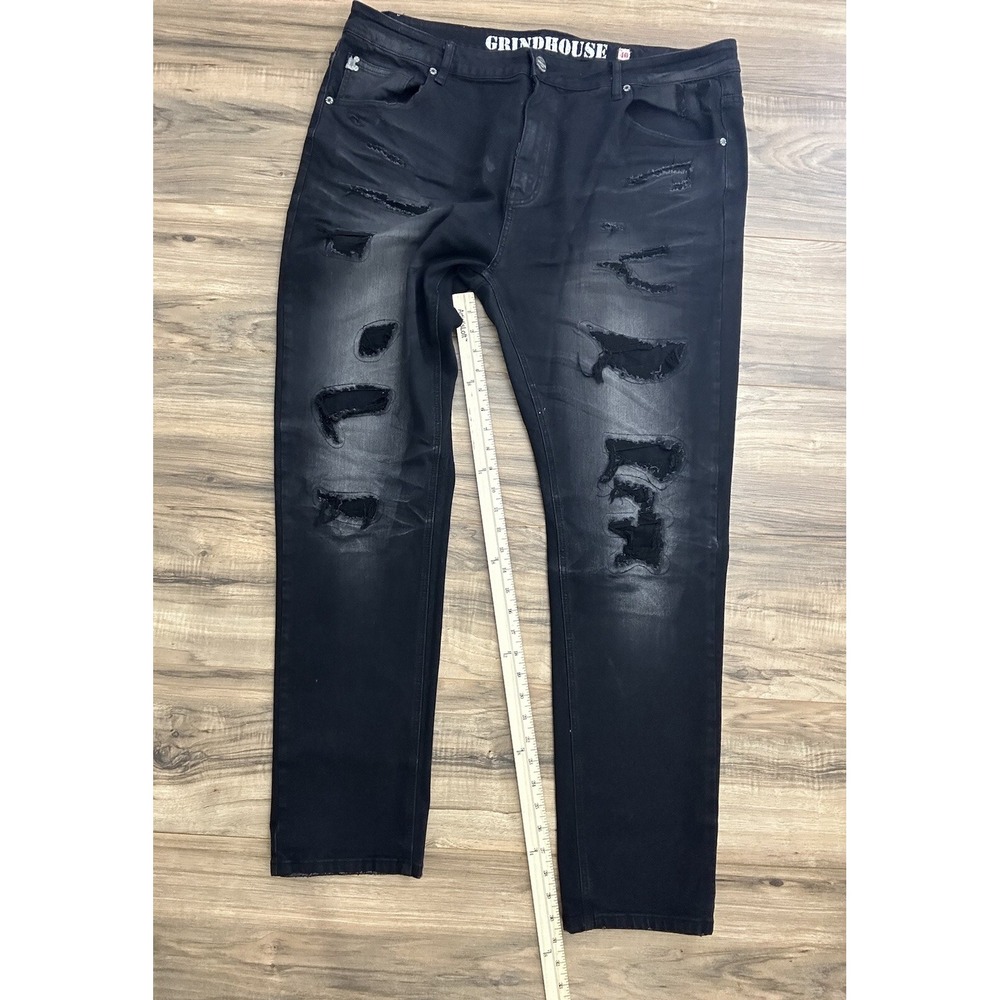Grindhouse Denim Mens Straight Fit Jeans Size 40 Black With Covered Rips - Picture 4 of 10
